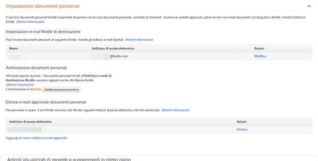 Impostazioni email Kindle