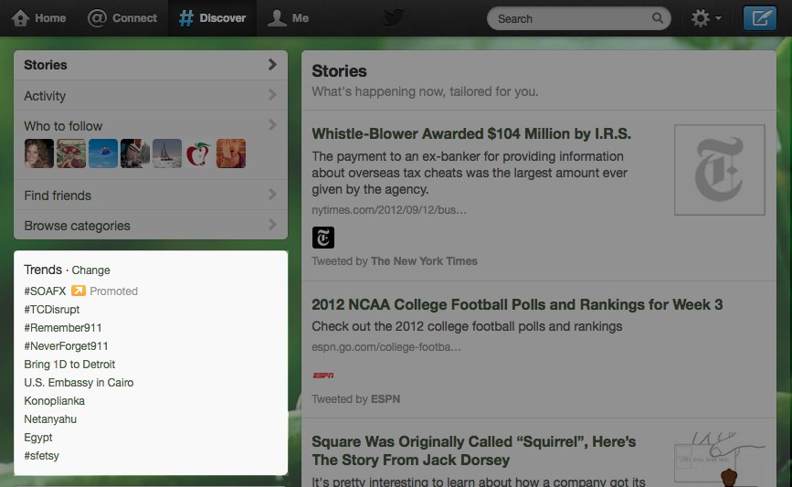 Il riquadro con i trend topics nella homepage di Twitter