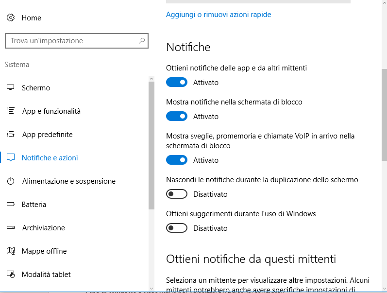 disabilitare notifiche windows 10