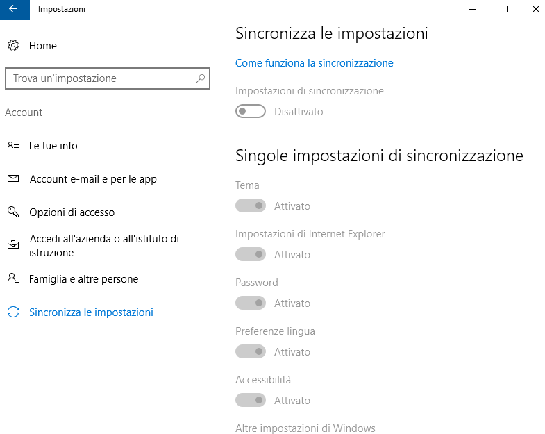 sincronizzazione dati windows 10