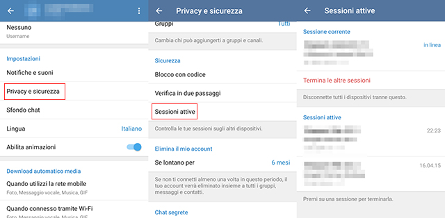 gestire sessioni telegram