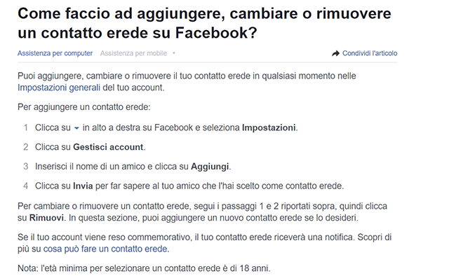 contatto erede facebook