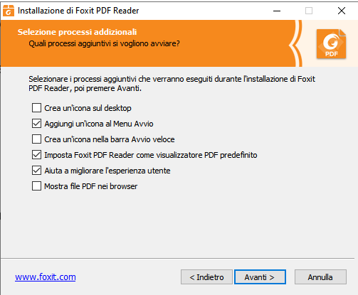 Processi addizionali proposti durante l'installazione di Foxit PDF Reader
