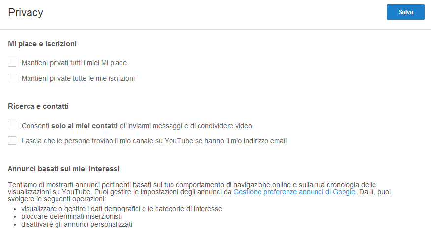 Impostazioni privacy di YouTube