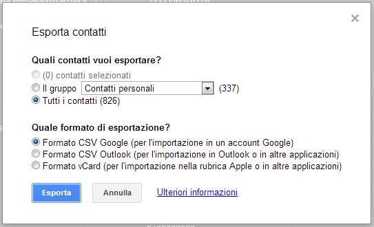 Esportare i contatti da Gmail