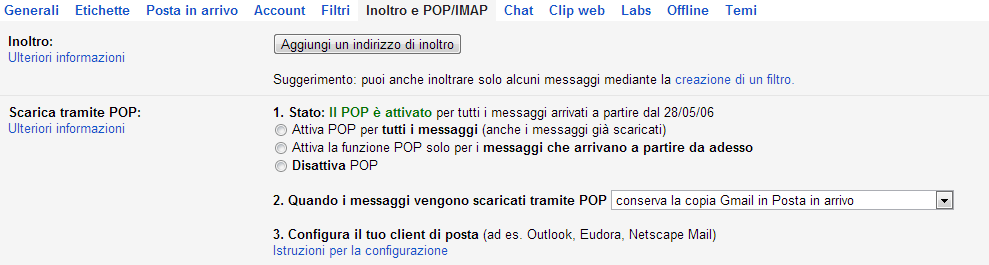 Attivare la connessione POP3 in Gmail