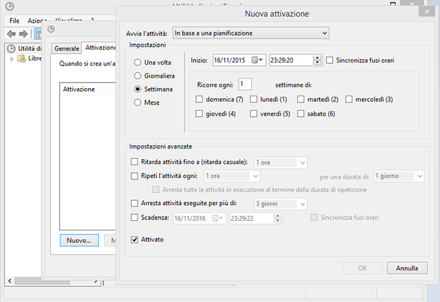 Attivazione task scheduler Windows