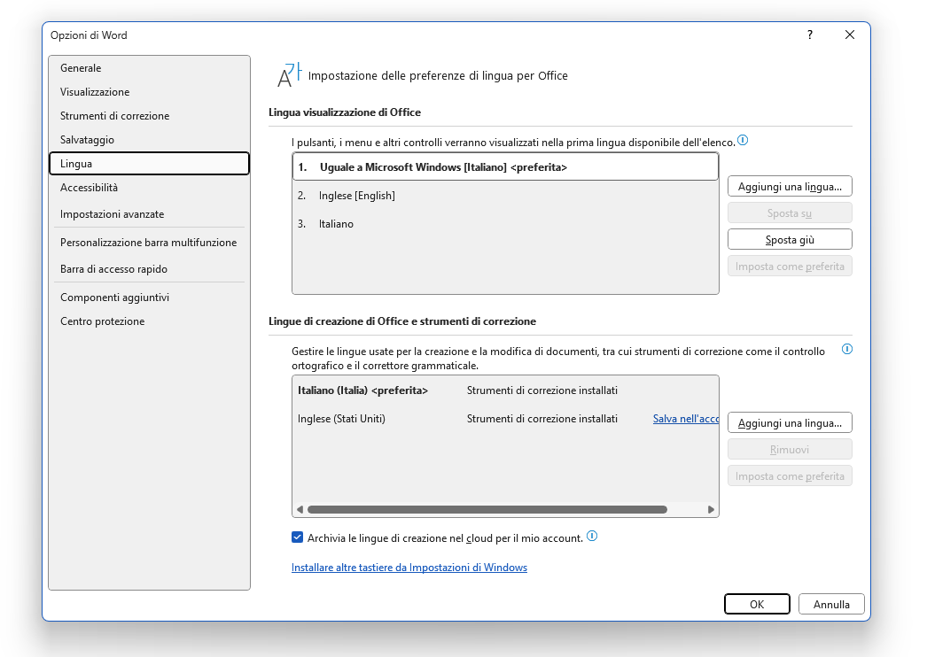 cambiare lingua su word