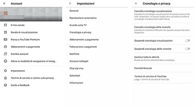 Eliminare cronologia YouTube da smartphone