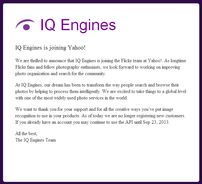 Il messaggio che compare sulla homepage di IQ Engines