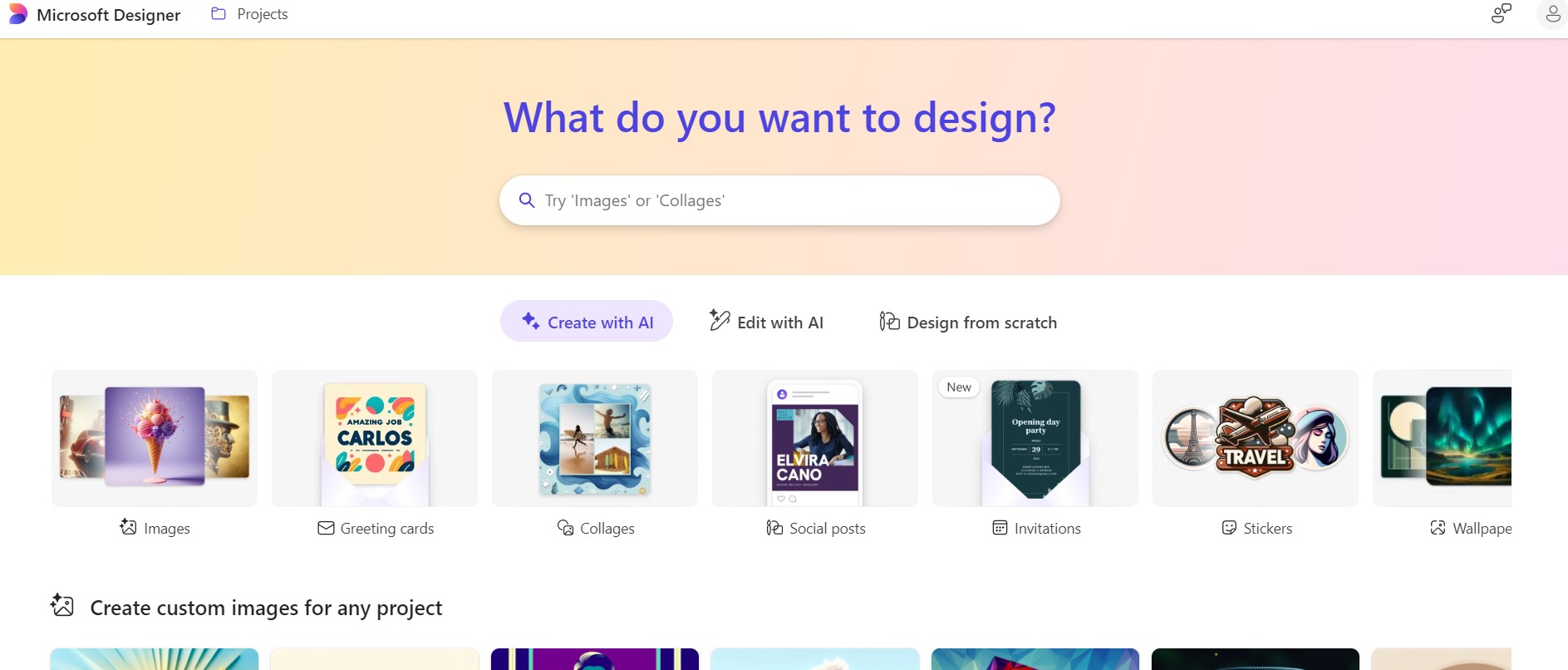 crea progetti microsoft designer