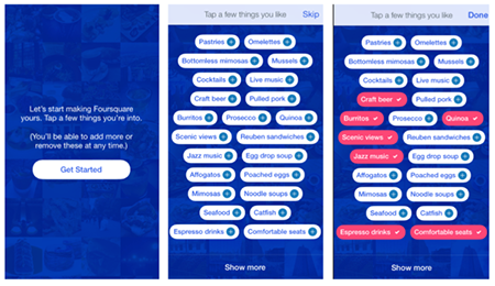 Le schermate iniziali di Foursquare