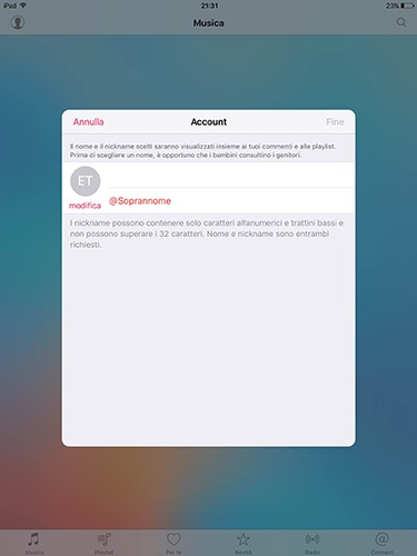 inserire soprannome apple music