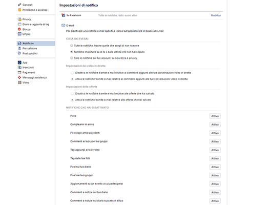 notifiche facebook email
