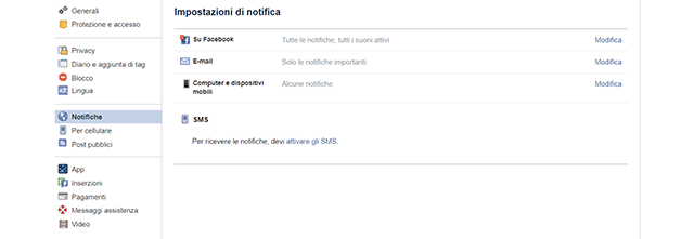 notifiche facebook sms