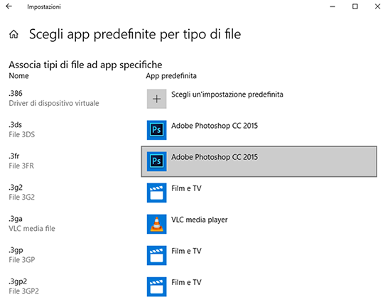 Cambiare app default in base al formato file