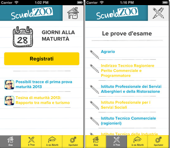 Due schermate di Maturapp, l'app per la maturità 2013 di ScuolaZoo