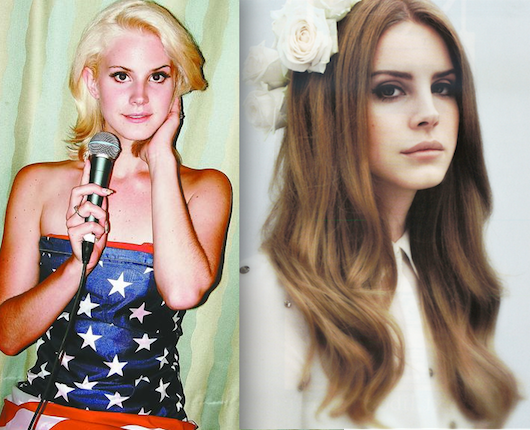 Lana Del Rey a inizio carriera (sinistra) e in uno dei suoi utlimi scatti (destra)