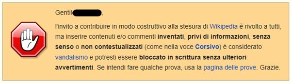 Avviso di Wikipedia che invita utente a non inserire contenuti senza senso