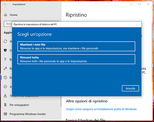 Reimpostare Windows 10
