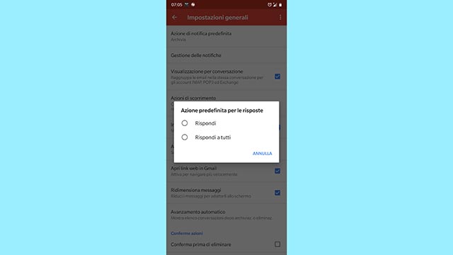 azione predefinita per le risposte gmail