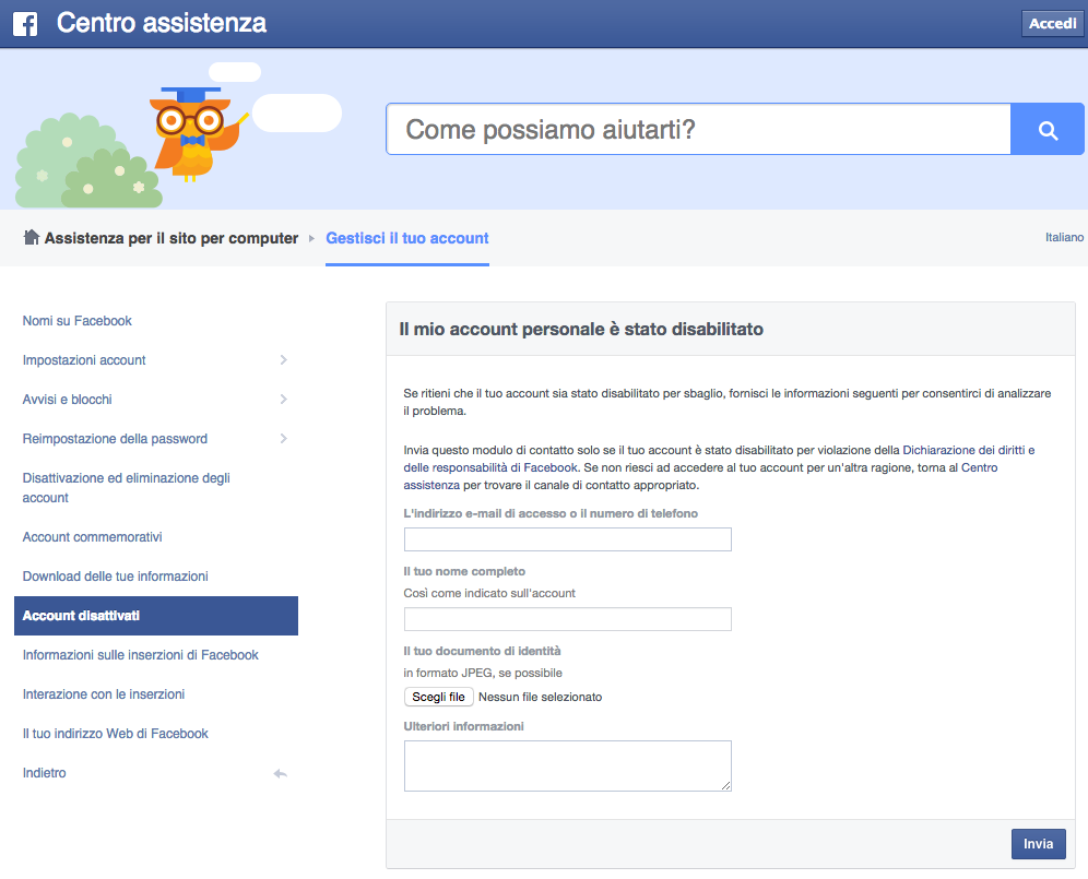 Centro assistenza Facebook per riattivare account sospeso