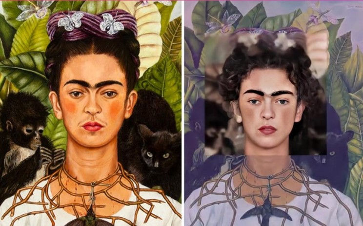 Frida Kahlo, Autoritratto e rifacimento IA. Credit: Denis Shiryaev.