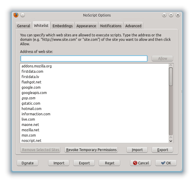 La Whitelist di NoScript
