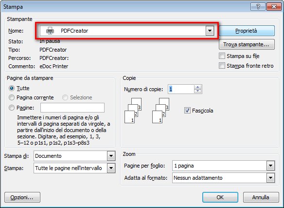 Per stampare il tuo file in formato PDF basta scegliere la giusta stampante dalla finestra a tendina