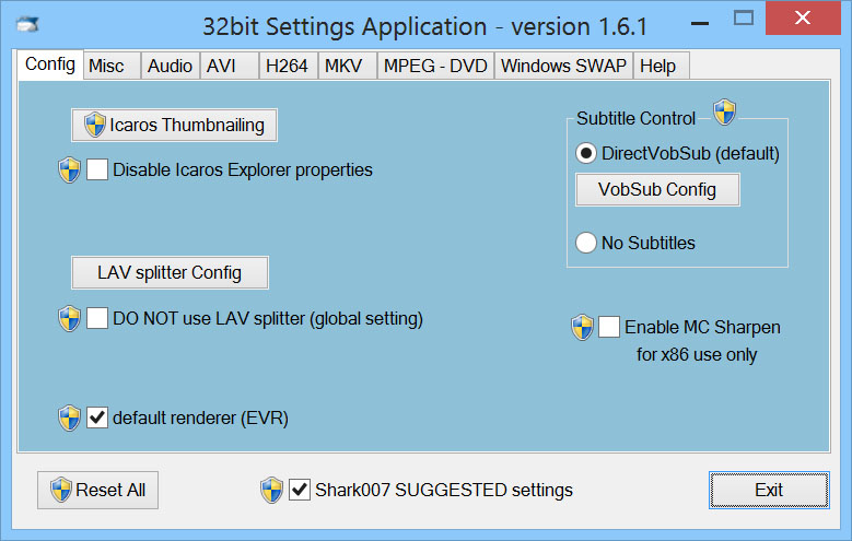 Finestra di configurazione di Shark 007, codec MKV