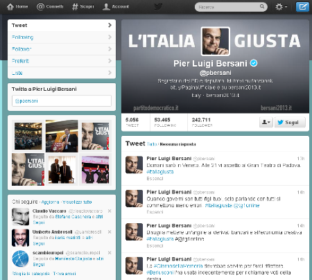 l'account Twitter di Pier Luigi Bersani