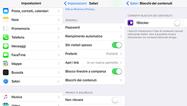 Come attivare content blocker iOS 9