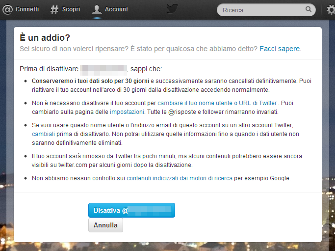 Eliminare l'account da Twitter