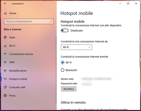 Impostazioni Windows 10 per hotspot mobile