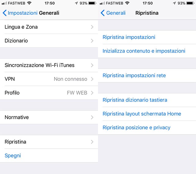 Ripristinare le impostazioni di iOS 11