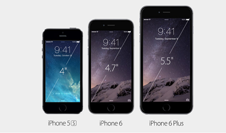 Da sinistra a destra iPhone 5s, iPhone 6 e iPhone 6 Plus