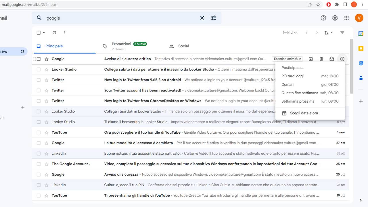 Snooze di Gmail