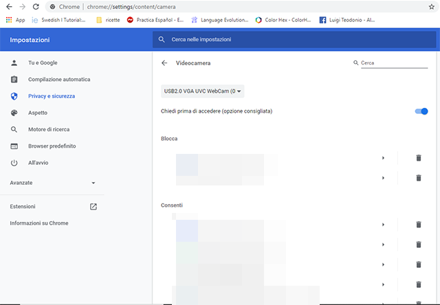 Permessi webcam di Chrome